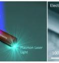 The schematic on the left illustrates light being compressed and sustained in the 5 nanometer gap -- smaller than a protein molecule -- between a nanowire and underlying silver surface. To the right is an electron microscope image of the hybrid design shown in the schematic.
