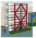 This is a schematic diagram of the rocking frame set up for shake-table testing. The steel-braced frame is shown in red. The white structure behind the frame simulates the weight of a three-story building. The inset shows the replaceable steel fuse, in yellow, at the base of the rocking frame. Behind and in front of the fuse are the vertical steel cables that pull the building back into plumb after an earthquake. During testing, the frame was sandwiched between two of the white structures.