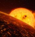 The exoplanet Corot-7b is so close to its Sun-like host star that it must experience extreme conditions. This planet has a mass five times that of Earth's and is in fact the closest known exoplanet to its host star, which
also makes it the fastest; it orbits its star at a speed of more than 750,000 kilometers per hour. The probable temperature on its "day-face" is
above 2,000 degrees, but minus 200 degrees on its night face. Theoretical
models suggest that the planet may have lava or boiling oceans on its surface.
Our artist has provided an impression of how it may look like if it were
covered by lava. The sister planet, Corot-7c, is seen in the distance.