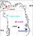 This is a map of the ice core drilling locations discussed in the article.