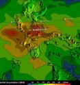 Data from NASA's TRMM satellite was used to create an enhanced 3-D topographic rainfall map of Ketsana's flooding rains received in the Philippines. The dark yellow and orange areas indicate 375 mm (~15 inches) to over 475 mm (~19 inches), respectively. The red area over Manila indicates almost 2 feet of rain fell.