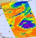 The Aqua satellite captured both Extra-Tropical Storm Melor (top of image) over northwestern Japan, and Tropical Depression Parma (bottom of image) still over the Philippines on Oct. 8 at 0353 UTC (Oct. 7, 11:53 p.m. ET). The infrared image from Aqua's AIRS instrument showed some high, cold, thunderstorm cloud tops (purple) as cold as -63F still in Parma, but warmer and less powerful thunderstorms in Melor.