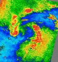 NASA's QuikScat instrument captured an inside look at Tropical Storm Neki's winds on Oct. 19 at 0425 UTC (12:25 a.m. EDT) using microwave technology from space. White barbs point to areas of heavy rain. The highest wind speeds, are shown in purple, which indicate winds over 40 knots (46 mph).