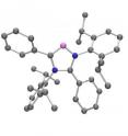 This is the molecular structure of the C5-Abnormal N-Heterocyclic Carbene (blue: nitrogen atoms; violet: abnormal carbene carbon atom; gray: normal carbon atoms).