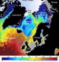 This image shows ocean temperature at the 100 m depth and sea ice thickness in Sept. 2006 from the 8 km resolution global model.