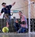Dr. Mark Wilson (on the left) and a member of University of Exeter soccer team are testing eye movement in penalty shoot outs.