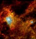 An unseen stellar nursery comes into view in this Herschel image. Some 700 newly-forming stars are estimated to be crowded into these colorful filaments of dust. The complex is part of a mysterious ring of stars called Gould's Belt.
This image shows a dark cloud 1000 light-years away in the constellation Aquila, the Eagle. It covers an area 65 light-years across and is so shrouded in dust that no previous infrared satellite has been able to see into it. Now, thanks to Herschel's superior sensitivity at the longest wavelengths of infrared, astronomers have their first picture of the interior of this cloud.
It was taken on October 24, 2009, using two of Herschel's instruments: the Photodetector Array Camera and Spectrometer and the Spectral and Photometric Imaging Receiver. The two bright regions are areas where large newborn stars are causing hydrogen gas to shine. An unseen stellar nursery comes into view in this Herschel image. Some 700 newly-forming stars are estimated to be crowded into these colorful filaments of dust. The complex is part of a mysterious ring of stars called Gould's Belt.
This image shows a dark cloud 1000 light-years away in the constellation Aquila, the Eagle. It covers an area 65 light-years across and is so shrouded in dust that no previous infrared satellite has been able to see into it. Now, thanks to Herschel's superior sensitivity at the longest wavelengths of infrared, astronomers have their first picture of the interior of this cloud.
It was taken on October 24, 2009, using two of Herschel's instruments: the Photodetector Array Camera and Spectrometer and the Spectral and Photometric Imaging Receiver. The two bright regions are areas where large newborn stars are causing hydrogen gas to shine.