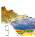 This is the view to the west along the Gulf of Corinth active rift showing the bathymetry of the seafloor within the active offshore rift and a cross section beneath the seafloor interpreted from a seismic reflection profile. Red dashed lines on the seafloor and on the coast to the south are the major normal faults which control the region's morphology and the opening of the rift. Colored layers within the cross section represent layers of sediment deposited and deformed as the rift subsides.