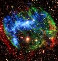 In the supernova remnant W49B, Suzaku found another fossil fireball. It detected X-rays produced when heavily ionized iron atoms recapture an electron. This view combines infrared images from the ground (red, green) with X-ray data from NASA's Chandra X-Ray Observatory (blue).