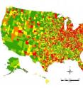 Researchers at Washington University School of Medicine in St. Louis have conducted the largest epidemiological study of Parkinson's disease. Red areas on the map indicate a prevalence of 13,800 or more Parkinson's patients per 100,000 Medicare recipients.