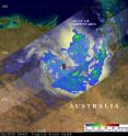 This is an image of Olga's (red tropical storm symbol) rainfall on Jan. 27, still inland from the coast of the Gulf of Carpentaria. The Tropical Rainfall Measuring Mission satellite determined that Olga was dropping light to moderate rainfall (yellow/green) along a large area of the Australia coast.