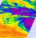 NASA's Aqua satellite AIRS instrument captured the western half of Cyclone Oli on Feb. 3 at 12:17 UTC (7:17 a.m. ET). The area of purple in the middle of the storm indicates strong thunderstorms with cloud temperatures colder than -63F.