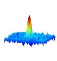 One of the first-ever images of a molecular gas in which each molecule is in its lowest possible energy state. The gas has just been released from a trap created by lasers. The molecules are near absolute zero, a temperature at which quantum properties reign. The image -- made by
detecting the absorption of laser light by the molecules -- reveals their spatial distribution, with density indicated by peak height and false color. The fact that such an image can be created indicates the molecular quantum gas is dense enough to enable scientists to observe novel interactions among the molecules.
