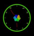 Circadian clock protein KaiC, at the center of the clock, controls the timing of cell division in bacterial colonies around the clock’s periphery.