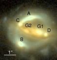This image taken by the Hubble Space Telescope shows gravitational lens B1608. The objects A, B, C and D are all images of the same background object, distorted by the lens. G1 and G2 are two galaxies within the lens itself.