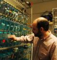 David Tobin, the lead author of a study on genetic susceptibility to tuberculosi stands in a zebrafish aquarium room at the University of Washington. Zebrafish are a model for studying TB.