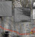 These are details from the Ascraeus channel (red), meandering across the surface of Mars. The insets in the black boxes show close-ups of some of the structures that lava can form: (left) branched channels, (middle) a snaking channel and (right) rootless vents; the rootless vents are also marked by yellow spots on the main image.