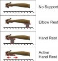 This illustration shows the four forms of hand support that were tested in a study of the Active Handrest, a device developed by University of Utah mechanical engineers as a way to let surgeons, artists, machinists and others use their scalpels, paint brushes and other tools over a wider work area that normally possible. During a test that involved tracing different size circles, people using the Active Handrest (bottom) had 36 percent fewer drawing errors than people using no arm support (top) and had 26 percent fewer drawing errors than people using a non-moving handrest.