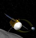 This is an artist's concept of the OSIRIS-REx spacecraft taking a sample from asteroid RQ36.
