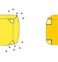 Gold nanocages (right) are hollow boxes made by precipitating gold on silver nanocubes (left). The silver simultaneously erodes from within the cube, entering solution through pores that open in the clipped corners of the cube.