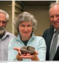 Carnegie Museum of Natural History researchers and co-authors of the description of <i>Fedexia striegeli</i>, an exquisitely preserved fossil that provides evidence that the first widespread occurrence of terrestrial vertebrates 300 million years ago was in response to a brief episode of a globally warmer, drier climate. From left: 
Curator of Vertebrate Paleontology David S Berman, Ph.D., Vertebrate Paleontology Collection Manager Amy C. Henrici (holding fossil skull of Fedexia striegeli), and Invertebrate Paleontology Collection Manager Albert D. Kollar. Not pictured: co-author Adjunct Associate Curator of Invertebrate Paleontology David K. Brezinski, Ph.D.

Please note: There is no period after Berman's middle initial.