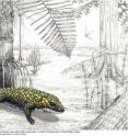 This is <i>Fedexia striegeli</i> in the environment of the Pennsylvanian Period (300 million years ago). <i>Fedexia</i>, described by researchers at Carnegie Museum of Natural History in Pittsburgh, Pa., provides evidence that the first widespread occurrence of terrestrial vertebrates 300 million years ago was in response to a brief episode of a globally warmer, drier climate.
