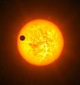 This artist's impression shows the transiting exoplanet Corot-9b. Discovered by combining observations from the CoRoT satellite and the ESO HARPS instrument, Corot-9b is the first "normal" exoplanet that can be studied in great detail. This planet has the size of Jupiter and an orbit similar to that of Mercury. It orbits a star similar to the sun located 1500 light-years away from Earth towards the constellation of Serpens (the Snake). Corot-9b passes in front of its host star every 95 days, as seen from Earth. This "transit" lasts for about 8 hours. Like our own giant planets, Jupiter and Saturn, the planet is mostly made of hydrogen and helium, and it may contain up to 20 Earth masses of other elements, including water and rock at high temperatures and pressures.