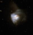 Arp 220 is a nearby example of a merged starburst galaxy similar to SMM J2135-0102. Located 250 million light-years from Earth, Arp 220 is the aftermath of a collision between two spiral galaxies. The collision, which began about 700 million years ago, has sparked a crackling burst of star formation, resulting in about 200 huge star clusters in a packed, dusty region about 5,000 light-years across (about 5 percent of the Milky Way's diameter). The star clusters are the bluish-white bright knots visible in the Hubble image.
