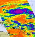 This infrared image from NASA's Atmospheric Infrared Sounder instrument on the Aqua satellite showed some high cold (purple) thunderstorms in Tropical Depression 02W.