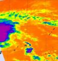 On March 24 at 0359 UTC the Atmospheric Infrared Sounder instrument on NASA's Aqua satellite caught the eastern half of Tropical Storm Omais as it flew overhead, and noticed the highest, coldest (purple) thunderstorms were in the center of the storm.