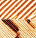 These nanoscale images of bismuth ferrite thin films show ordered arrays of 71 degree domain walls (top) and 109 degree doman walls (bottom). By changing the polarization direction of the bismuth ferrite, these domain walls give rise to the photovoltaic effect.