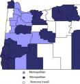 Core Based Statistical Area (CBSA) breaks Oregon into three types of counties: Metropolitan (show in light blue), defined as a county with an urbanized area of 50,000 or more; Micropolitan (dark blue), defined as a county with at least one urban cluster of 10,000 to 49,999 people; and Noncore (rural), counties that have less than 10,000 people and no strong ties to an urban core. These demographics were used in the OSU Family Care Policy Program's newest study.