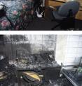 These post-fire photographs of the dorm rooms show the difference a sprinkler makes. There is little visible damage the in the top photo that had a sprinkler in the room; there was no sprinkler in the dorm room in the lower picture.