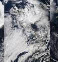 NASA's Aqua and Terra satellites captured visible images of the ash plume (brown) from the Eyjafjallajökull volcano from April 17-19 (left to right). The plume was obscured by high clouds on April 18.