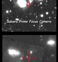 Two views of one of the six new distant supernovae in the Supernova Cosmology Project's just-released Union2 survey, which among other refinements compares ground-based infrared observations (in this case by Japan's Subaru Telescope on Mauna Kea) with follow-up observations by the Hubble Space Telescope.