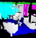When inside the structure, the robot takes multiple scans using LIDAR that takes up to 500,000 point measurements per second. In this 3-D map the floor is identified by blue, the ceiling by green and the vertical walls by red, cyan and magenta.