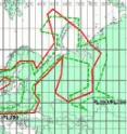 This is a simulation of the volcanic ash concentration between a height of approx. 2,000 and 7,000 meters on April 17, 2010 (right). On the left, by way of comparison, is the spread forecast by the VAAC (red line).