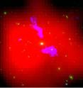 This is a false color image of the central region of a galaxy group in X-rays. The jet of matter blown out of the central black hole can be clearly identified by its radio luminosity (overlaid, purple-blue).
