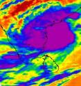 The AIRS instrument on NASA's Aqua satellite captured an infrared image of Laila and showed that the higher, colder, more powerful thunderstorms (purple) were still over the Bay of Bengal and mostly in the eastern half of the storm.