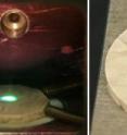 A "neodymium-YAG" laser will decompose VX nerve agent in this vinyl tile. Normally near-infrared, the laser turns ultraviolet as the frequency is increased. The UV light breaks the molecular bonds, decomposing the deadly nerve agent until it is just a harmless brown stain.