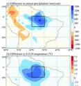Supercomputer simulations that replaced flowering plants with non-flowering plants in the Amazon basin reduced annual precipitation by as much as 1,500 millimeters (59 inches). The simulations also resulted in a temperature drop of up to 6 degrees Centigrade (11 degrees Fahrenheit) in September, October and November. The illustration is reproduced from Kevin Boyce and Jung-Eun Lee's article, posted online June 16, 2010, in the <i>Journal of the Royal Society B.</i> Supercomputer simulations that replaced flowering plants with non-flowering plants in the Amazon basin reduced annual precipitation by as much as 1,500 millimeters (59 inches). The simulations also resulted in a temperature drop of up to 6 degrees Centigrade (11 degrees Fahrenheit) in September, October and November. The illustration is reproduced from Kevin Boyce and Jung-Eun Lee's article, posted online June 16, 2010, in the <i>Journal of the Royal Society B.</i>