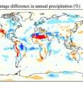 The blue regions of this world map show where annual precipitation is higher because of the presence of flowering plants, according to supercomputer simulations. The illustration is reproduced from Kevin Boyce and Jung-Eun Lee’s article, posted online June 16, 2010, in the <i>Journal of the Royal Society B.</i> The blue regions of this world map show where annual precipitation is higher because of the presence of flowering plants, according to supercomputer simulations. The illustration is reproduced from Kevin Boyce and Jung-Eun Lee’s article, posted online June 16, 2010, in the <i>Journal of the Royal Society B.</i>