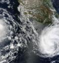 On June 19 at 17:30 UTC (1:30 p.m. EDT) the MODIS instrument on NASA's Terra satellite captured this visible image of Tropical Storm Blas (left) and the newly developed Tropical Storm Celia (right).