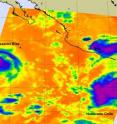 On June 20 at 08:47 UTC (4:47 a.m. EDT), the AIRS instrument on NASA's Aqua satellite captured this infrared image of both Tropical Storm Blas (left) and Celia (right). The purple area represents more powerful convection and thunderstorms. Blas has less and Celia has more, which indicates Blas' weakening and Celia strengthening.