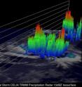 This 3-D image of Celia was created from Tropical Rainfall Measuring Mission satellite data on June 20 at 0400 UTC (12 a.m. EDT) that showed powerful thunderstorms in the southwest quadrant of the storm pushed to heights of almost 9.32 miles (15 kilometers) shown in red, with moderate to heavy rainfall.