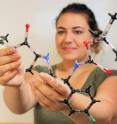 Graduate student Dawn Makley holding a model of a peptide created with new synthesis method.