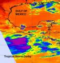 his infrared satellite image of Darby was captured from NASA's Aqua satellite on June 22 at 19:23 UTC (3:23 p.m. EDT). There is a large area of strong convection (purple) to the north of Darby's center where cloud tops were as cold as or colder than -63 degrees Fahrenheit.