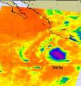 This infrared image of Darby (right) and Celia (left) from NASA's Aqua satellite AIRS instrument was captured on June 27 at 0853 UTC (4:53 a.m. EDT) showed a very small center of remaining strong convection (purple) and thunderstorms in Darby's center and no strong convection in Celia's center.