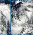 The visible image of Alex on the left was taken from the MODIS instrument on June 26 at 19:05 UTC from NASA's Aqua satellite. The image on the right is from the MODIS instrument on the Terra satellite, captured June 27 at 16:40 UTC when Alex was over the Yucatan Peninsula.