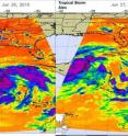 NASA's AIRS infrared imagery on June 26 (left) and 27 (right) showed areas of high, cold, thunderstorm cloud tops (colder than -63F) and the warm western Caribbean waters. On June 26, Alex dropped very heavy rainfall on Honduras, Belize and Guatemala. On June 27 AIRS showed the largest concentration of thunderstorms over the Yucatan Peninsula.